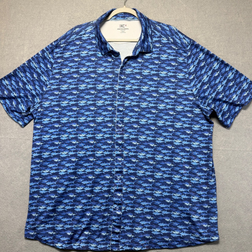 Johnston &‎ Murphy XC4 Shark Print Shirt Mens XXXL Slim Fit Blue Stretch 74-5670